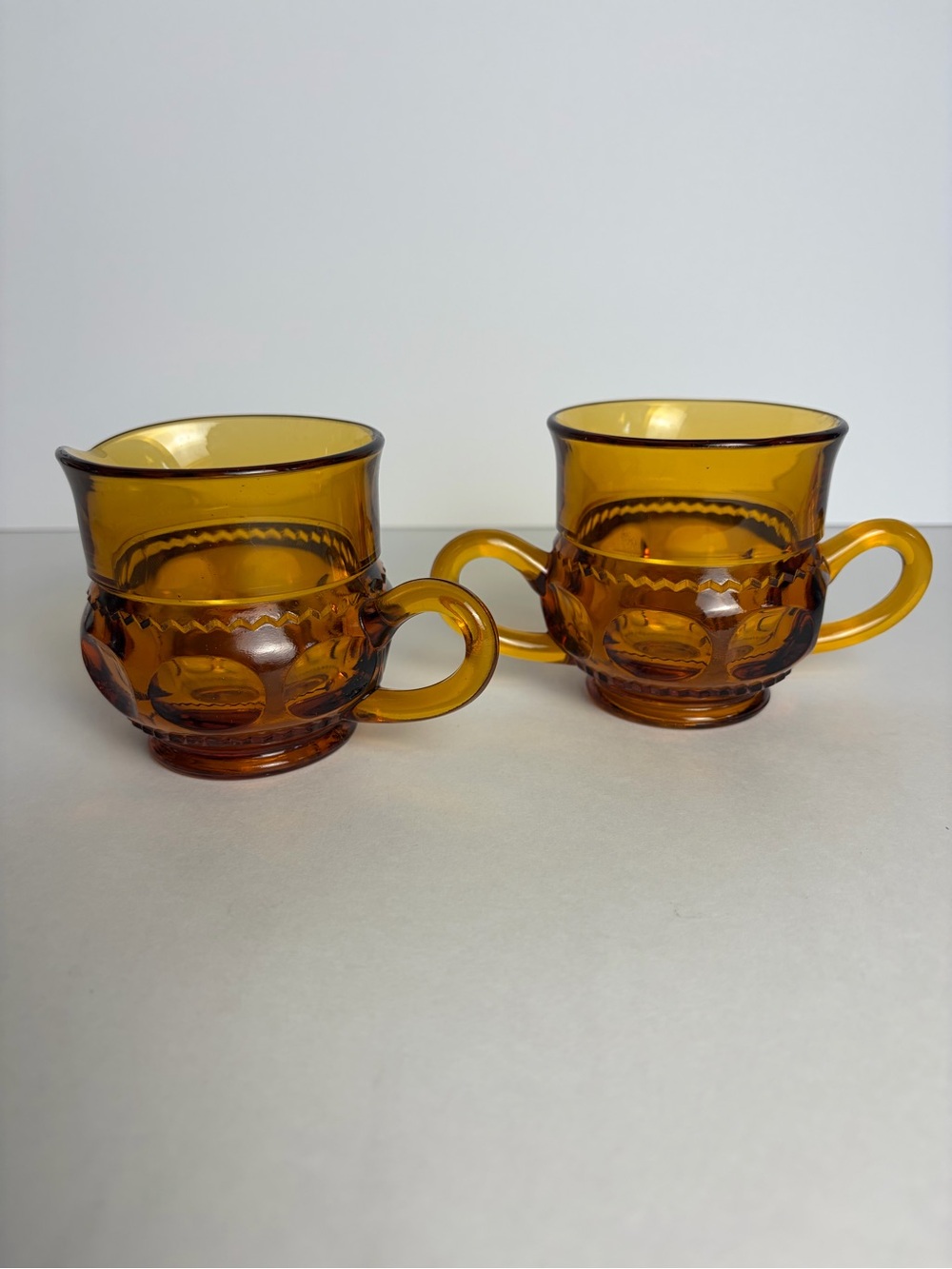 Vintage Indiana Glass Kings Crown Thumbprint Open Cream & Sugar Bowls Amber MCM